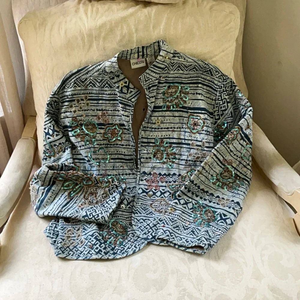 CHICOS‎ SIZE 3  12-14  Embroidered beaded ARTISAN INDIGO Women's Jacket -NWOT